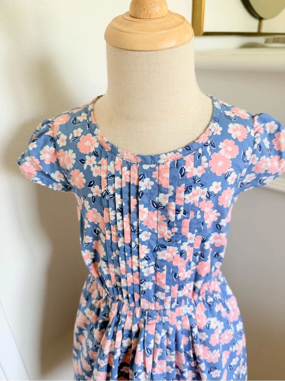 Mini Boden Girls 3-4Y Blue Pink Floral Dress Pleated Cotton Spring Easter